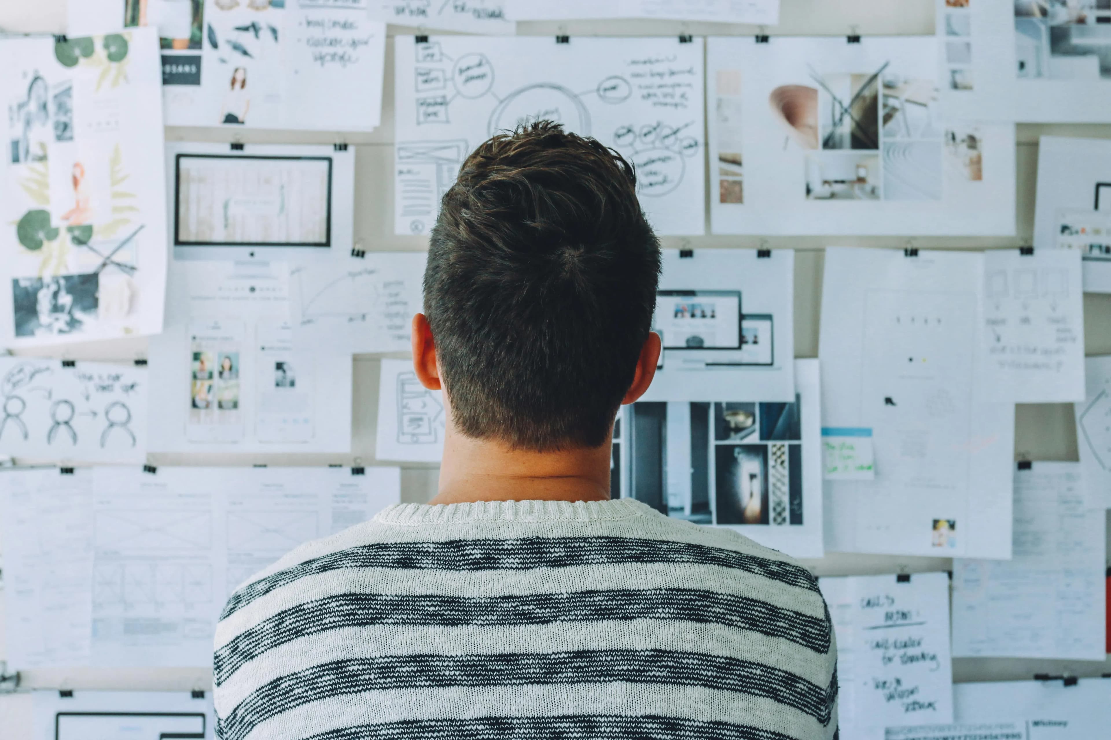 A person studying pages of notes pinned across a wall
